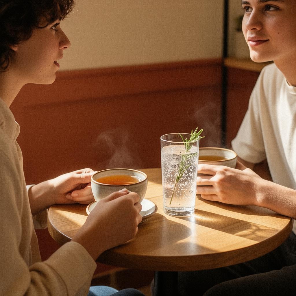 Two friends in conversation across a small table in a warm Madrid lounge