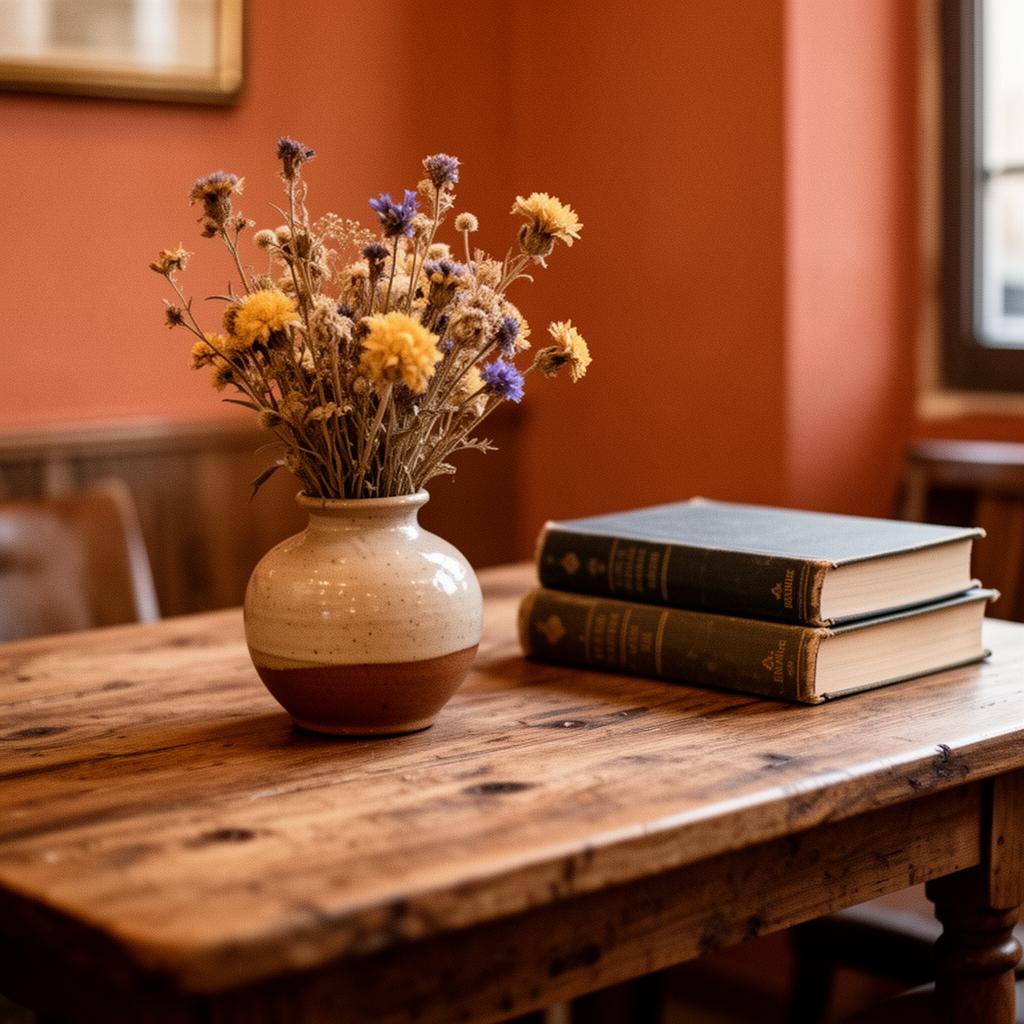A ceramic vase with dried flowers and two hardback books on a worn oak table